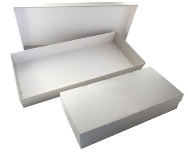 Textile storage boxes manufactured from sturdy, acid free, lignin free  blue/grey corrugated board. - Preservation Equipment Ltd